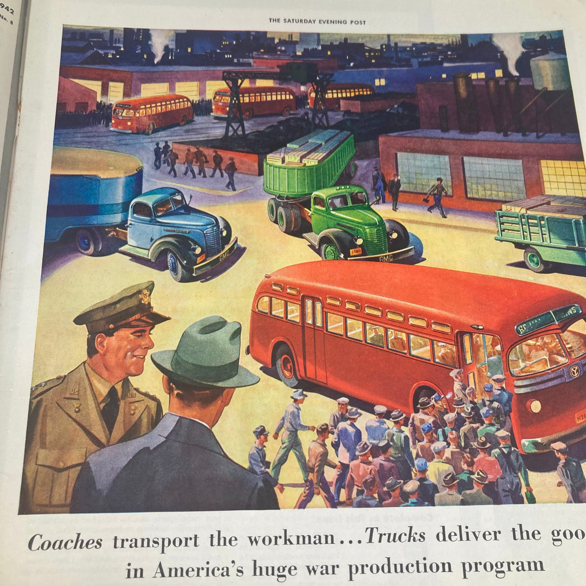 Saturday Evening Post Magazine August 22 1942 depicting a bustling urban scene with military and civilian transport vehicles, highlighting the era's war production and transportation themes.