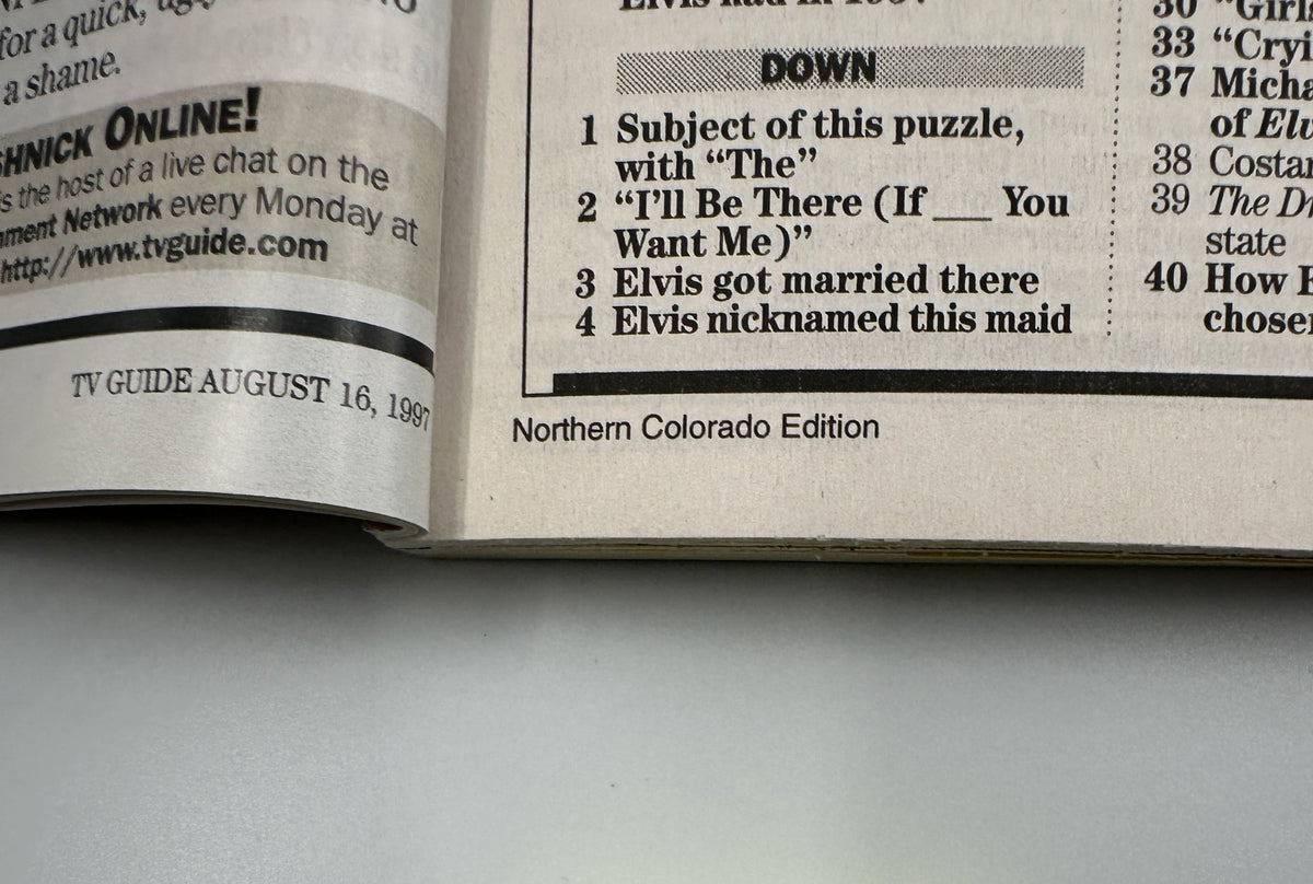 Crossword section from TV Guide Magazine August 16, 1997, with questions related to Elvis Presley, under the heading 'Elvis nickname this maid' and featuring references to his life.