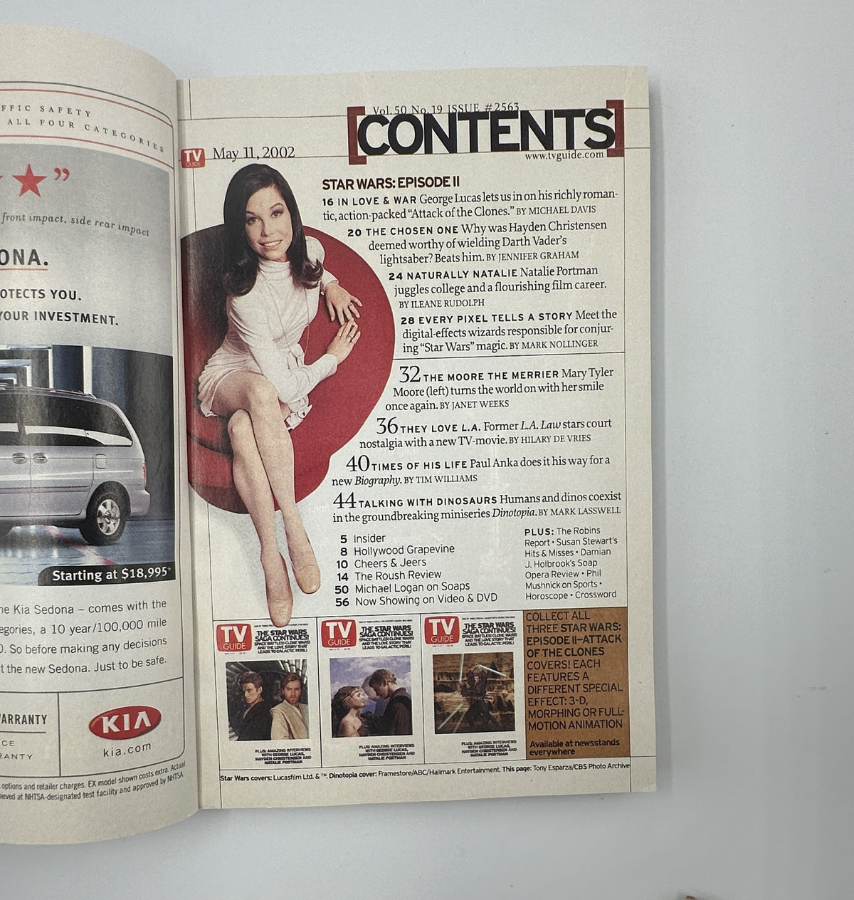 Table of Contents from TV Guide Magazine May 11, 2002, highlighting articles related to Star Wars Episode II, including interviews and features on George Lucas, Hayden Christensen, and Natalie Portman.