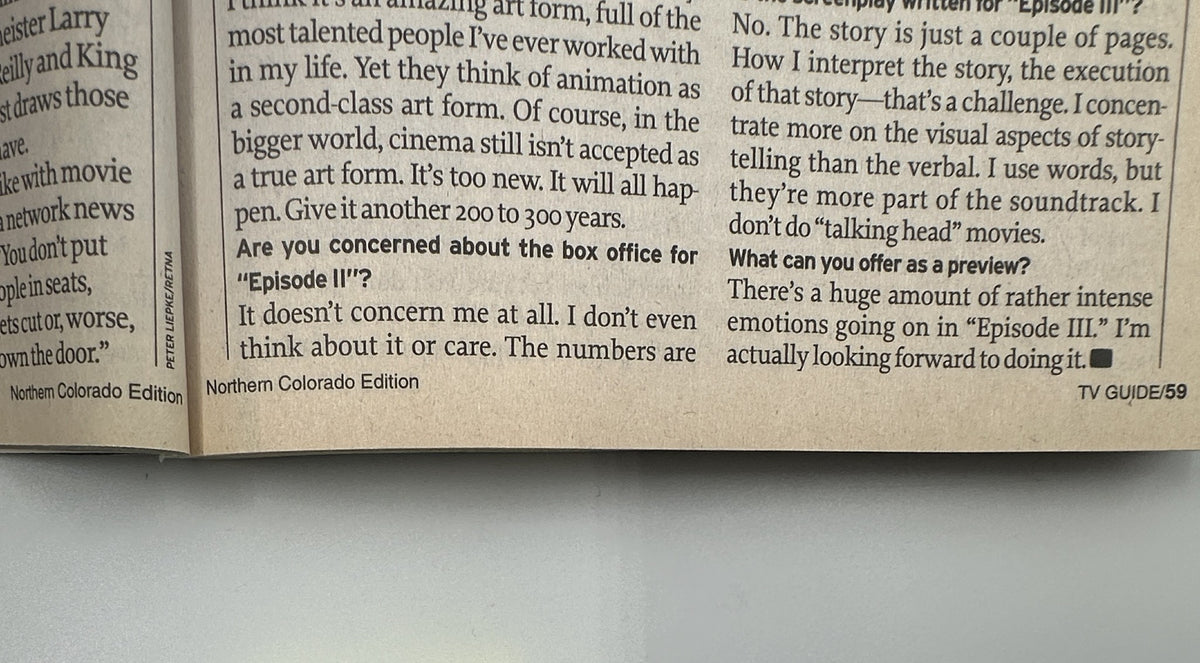 Close-up of an article from TV Guide Magazine May 11, 2002, discussing the box office performance of Star Wars Episode II and insights from industry figures.