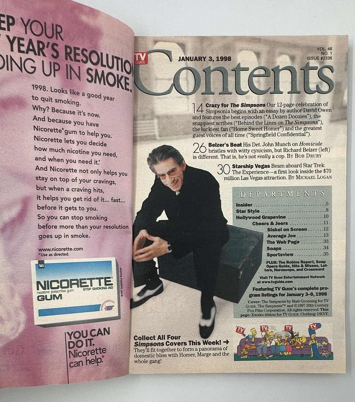 Contents page of TV Guide Magazine from January 3, 1998, showcasing articles about The Simpsons, including discussions on best episodes and celebrity guest appearances.