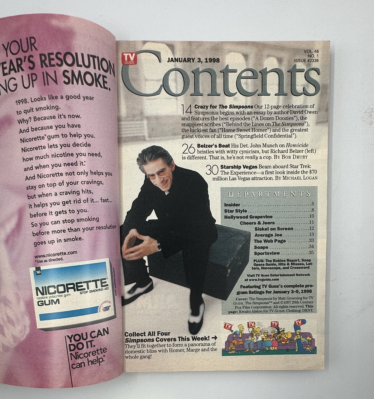 Inside page of TV Guide Magazine January 3, 1998 showcasing contents related to The Simpsons and additional features, highlighting articles and insights for fans.