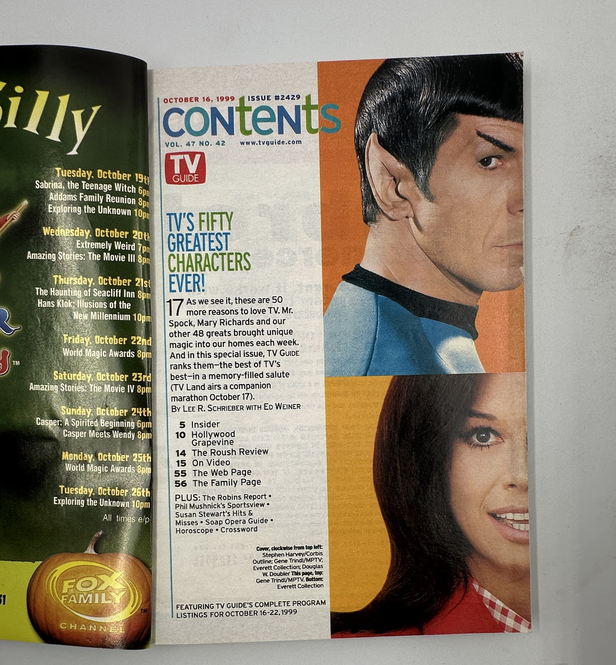 Inside page of TV Guide Magazine, October 16, 1999, displaying the Table of Contents for 'TV's Fifty Greatest Characters Ever!' special feature.