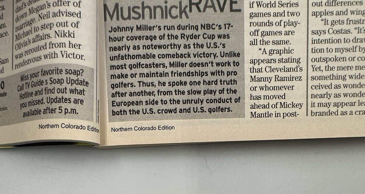 Close-up of an article in TV Guide Magazine, October 16, 1999, discussing Johnny Miller's performance in the Ryder Cup.
