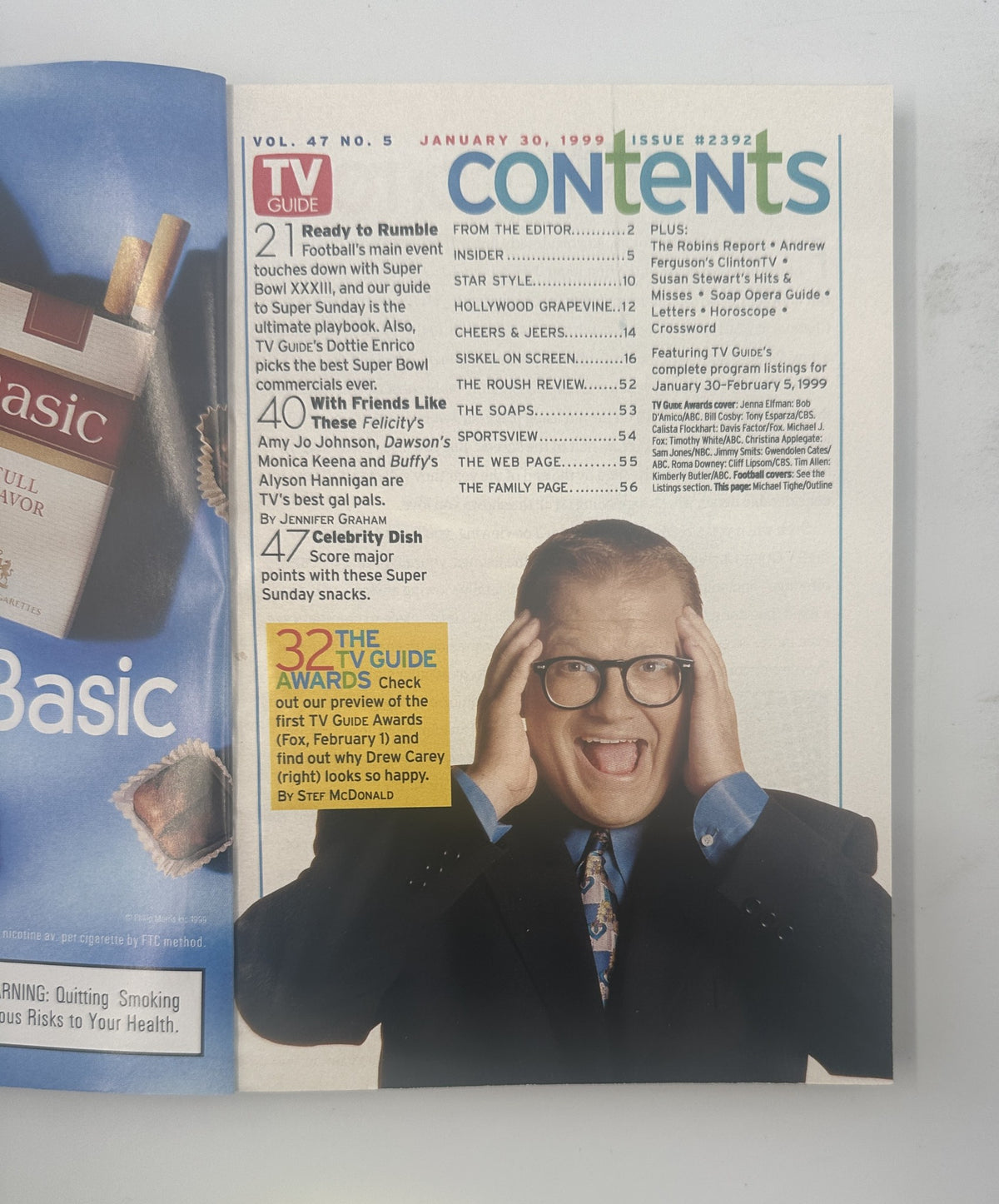 Inside page of TV Guide Magazine, January 30, 1999, displaying the Table of Contents including features like 'Ready to Rumble' and 'The TV Guide Awards', showcasing a photo of Drew Carey.
