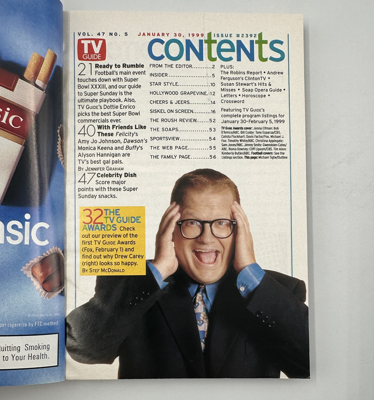 Table of contents page from TV Guide Magazine January 30, 1999, displaying sections including articles about the Super Bowl and TV Guide Awards.