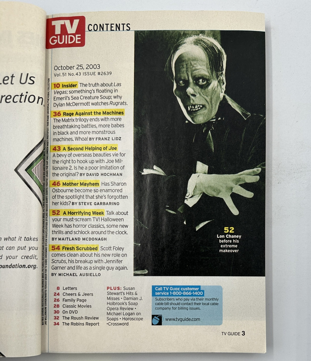 Inside page of TV Guide Magazine from October 25, 2003 displaying the Table of Contents section, highlighting articles related to Las Vegas, The Matrix trilogy, and Scott Foley.