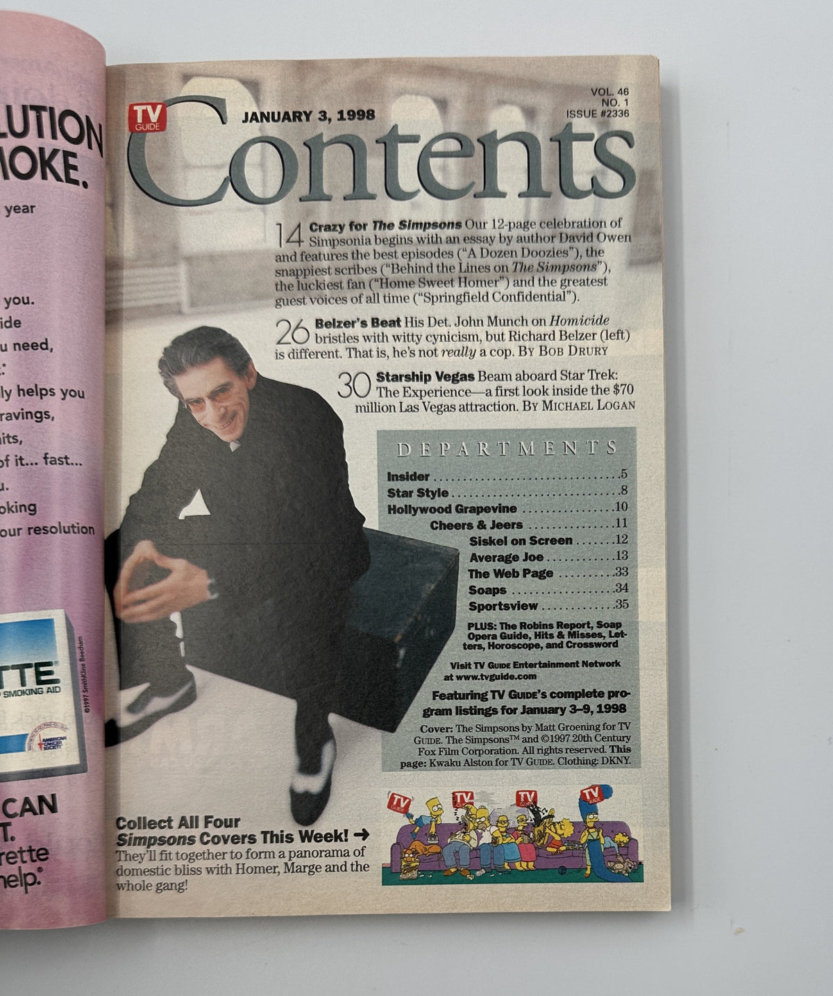 January 3, 1998 issue of TV Guide Magazine featuring the contents page listing articles including 'Crazy for The Simpsons' and 'Belzer's Beat'. Highlights the best episodes and guest voices.