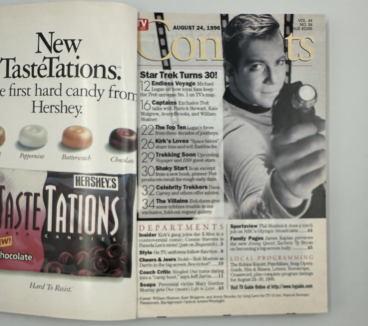 Inside page of TV Guide Magazine August 24, 1996 displaying the Table of Contents. It includes features on Star Trek Turning 30 and highlights notable programs for the week.