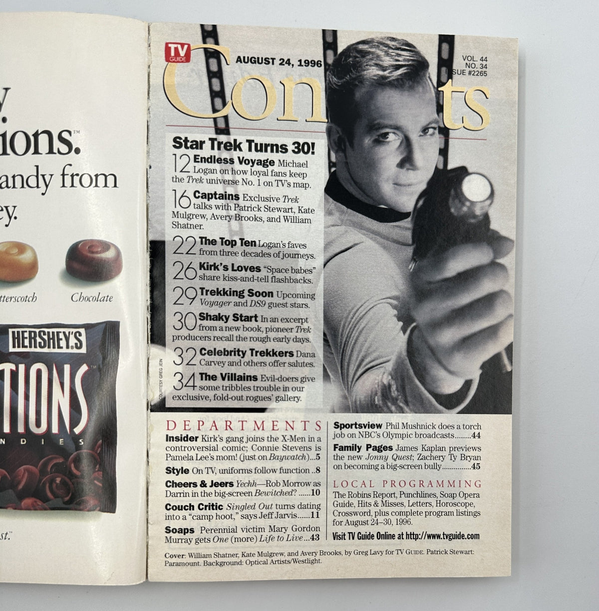 Contents page of TV Guide Magazine August 24, 1996 highlighting Star Trek Turns 30. Includes feature articles on captains, top ten moments, and upcoming shows.