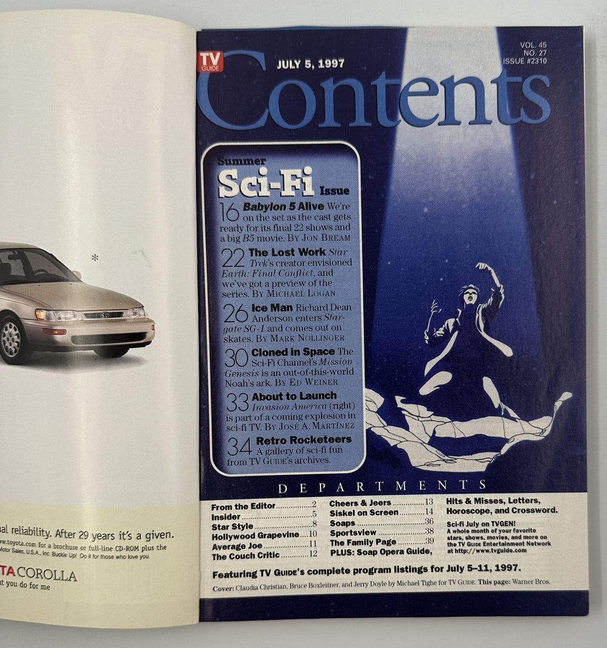 Table of Contents for TV Guide Magazine July 5, 1997 Summer Sci-Fi Special, highlighting major features like 'Babylon 5 Alive' and 'The Lost Work'.