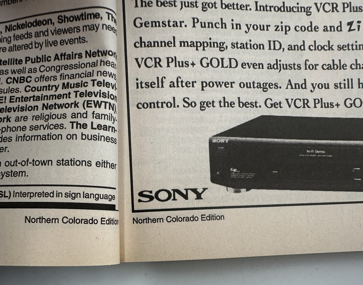 Advertisement section from TV Guide Magazine July 5, 1997, showing a Sony VCR Plus product with Northern Colorado Edition details.