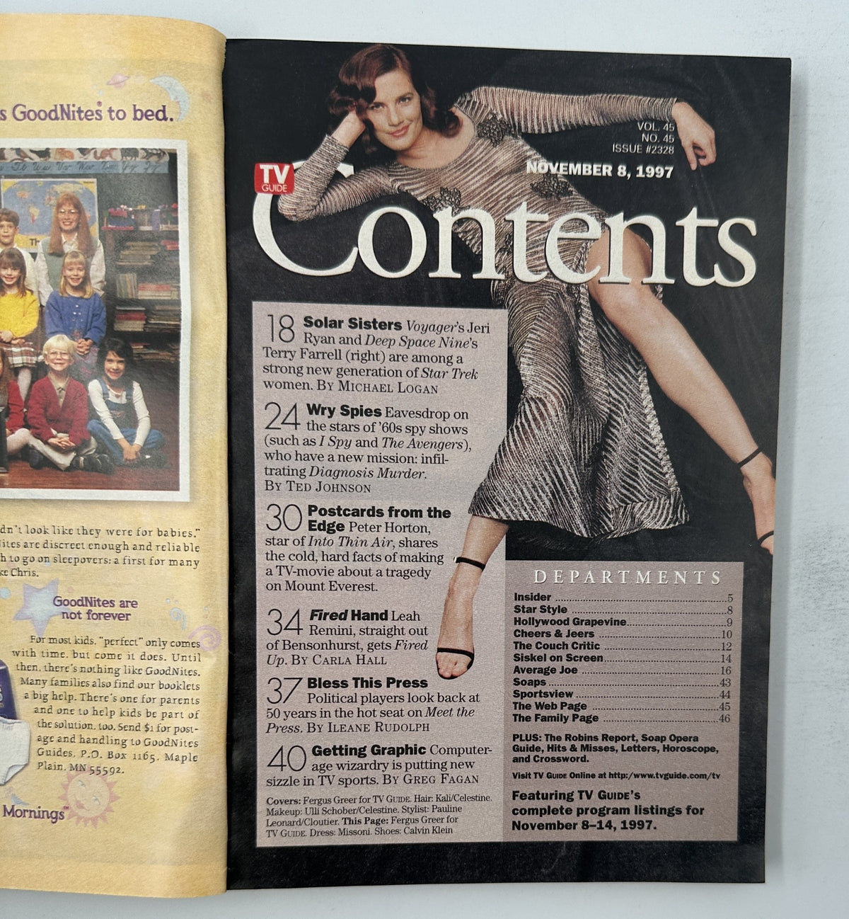 Contents page of TV Guide Magazine from November 8, 1997, presenting articles including 'Solar Sisters' featuring Jeri Ryan and Terry Farrell, alongside highlights from the week's TV programming.