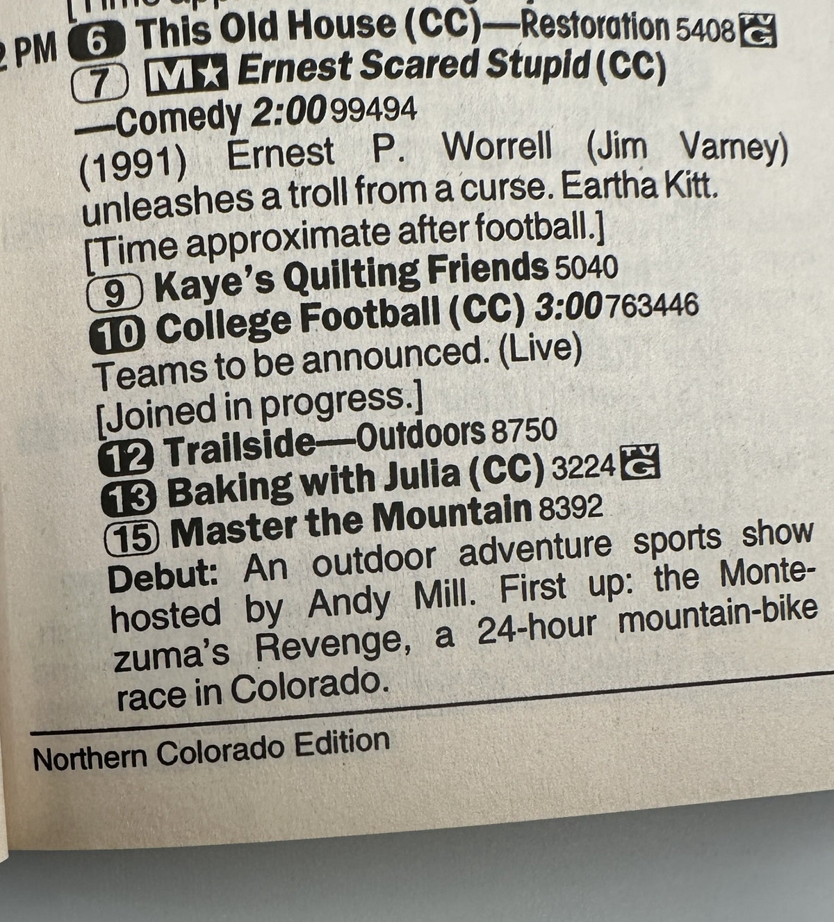 TV schedule details page from TV Guide Magazine dated November 8, 1997, outlining programming including 'Ernest Scared Stupid' and other shows airing that week.