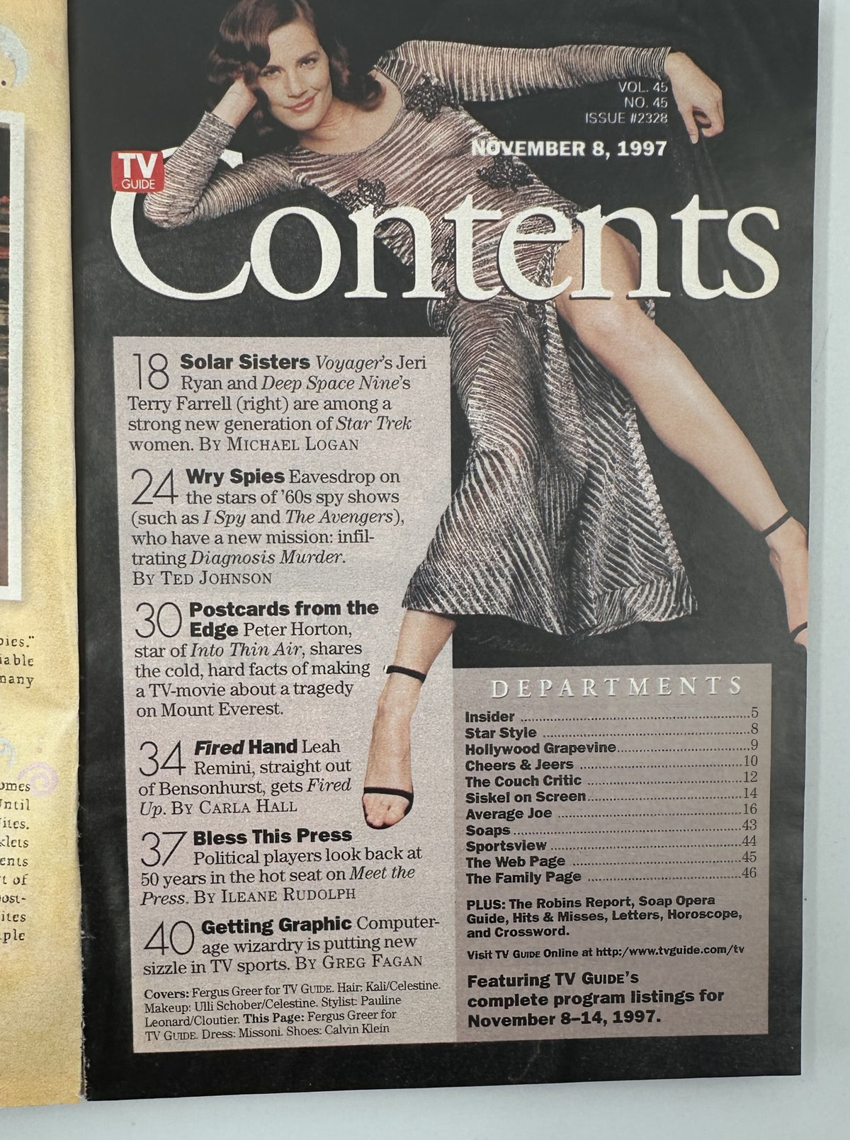 Table of Contents page from TV Guide Magazine November 8, 1997 listing highlights such as 'Solar Sisters' featuring Jeri Ryan and Terry Farrell, and other notable articles.