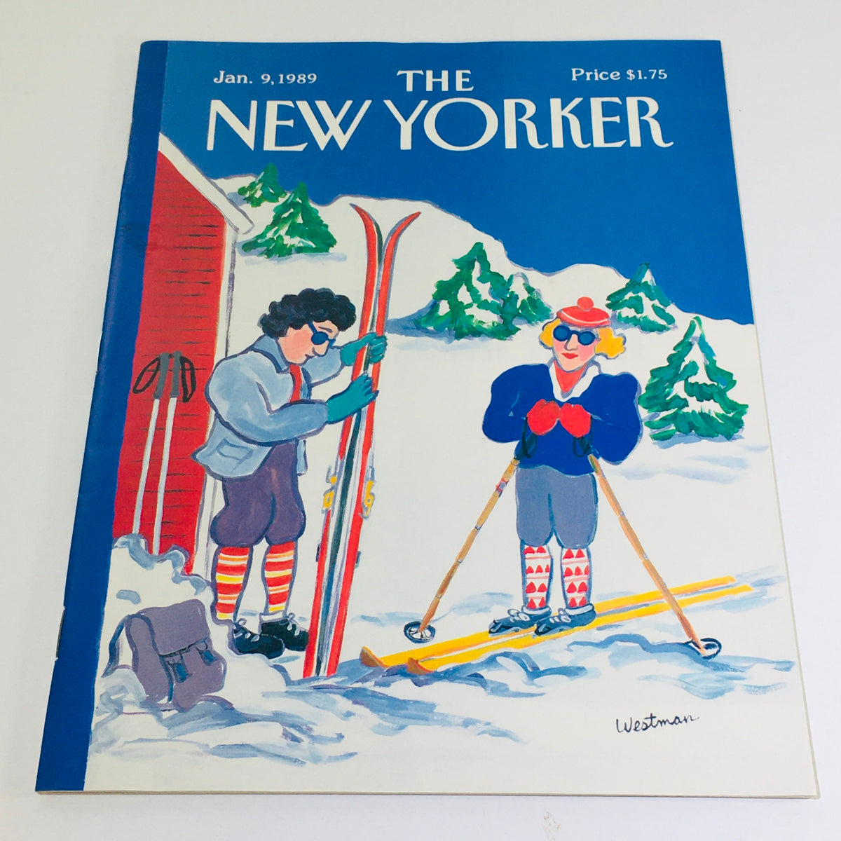 Cover of The New Yorker: January 9, 1989 featuring a vibrant winter scene with two skiers, designed by Barbara Westman. This vintage magazine displays artistic illustrations that reflect the charm and wit of The New Yorker.