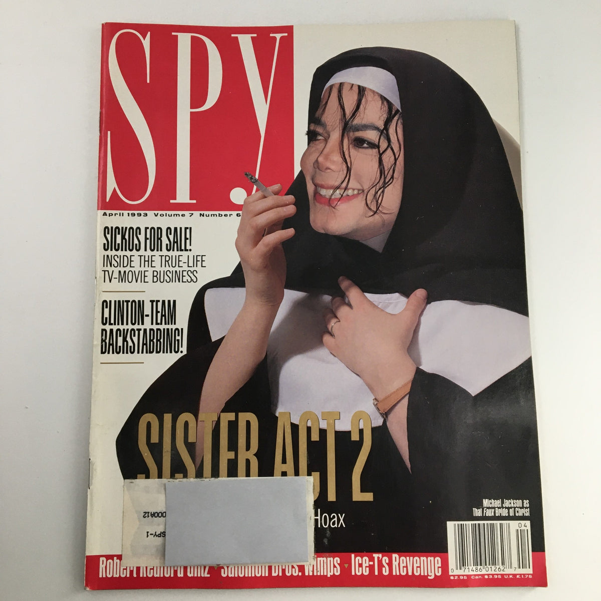 Cover of Spy Magazine from April 1993, Volume 7 Number 6, featuring the Sister Act 2 parody with a smiling woman in a nun costume, reminiscent of Michael Jackson. This vintage magazine showcases early '90s pop culture and satire.