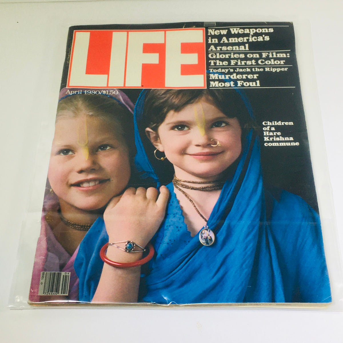 Life Magazine April 1980 cover featuring the story 'Children Of A Hare Krishna Commune' with two girls in colorful attire and jewelry, showcasing the cultural movement of that era.