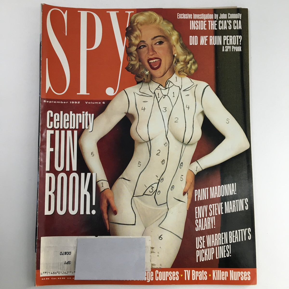 Spy Magazine September 1992 cover featuring Madonna, highlighting celebrity culture with a playful 'Celebrity Fun Book!' theme, showcasing comedic content including Steve Martin.