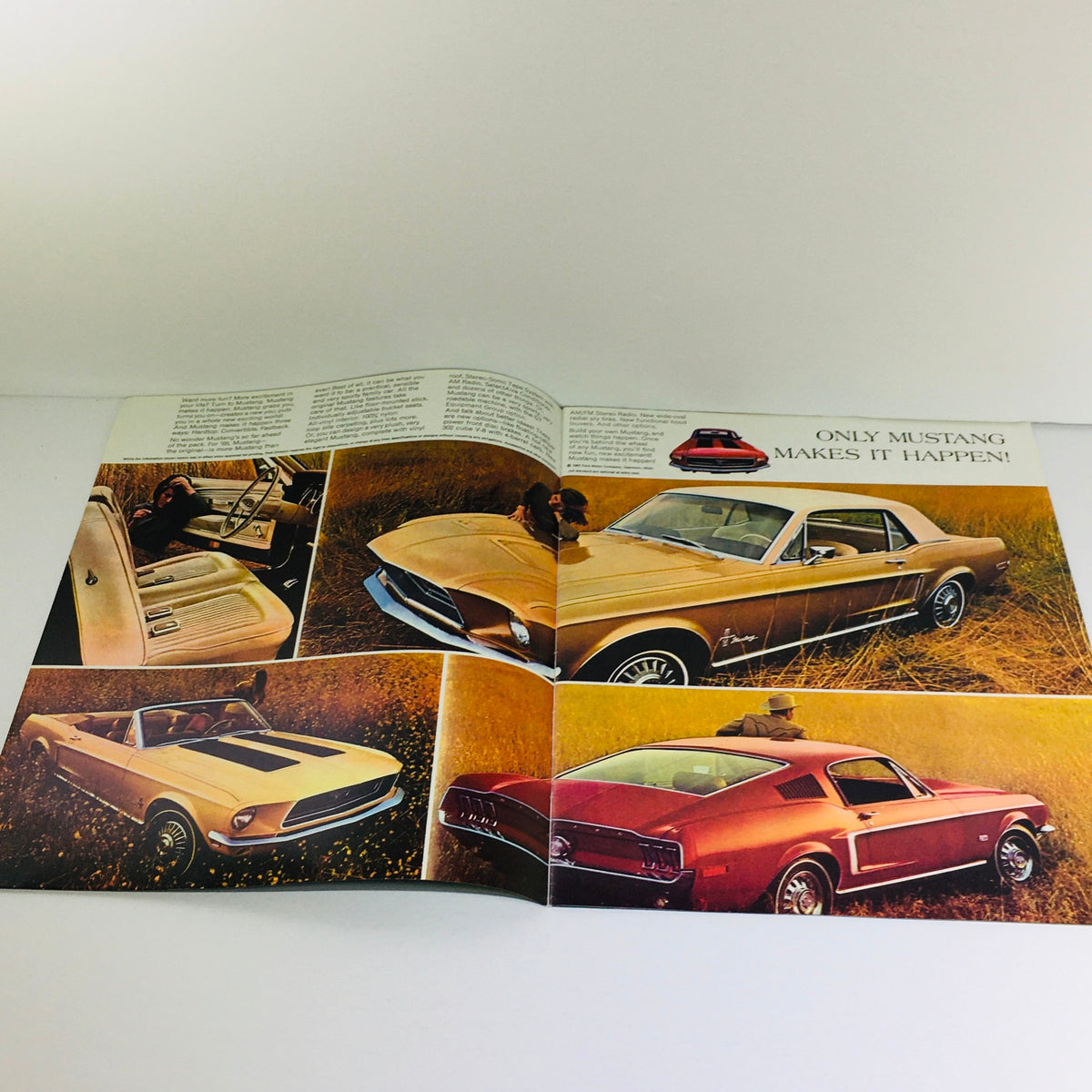 Inside spread of the 1968 Ford Mustang ORIGINAL Sales Brochure displaying various Mustang models, including convertible and hardtop, highlighting key features and lifestyle appeal.