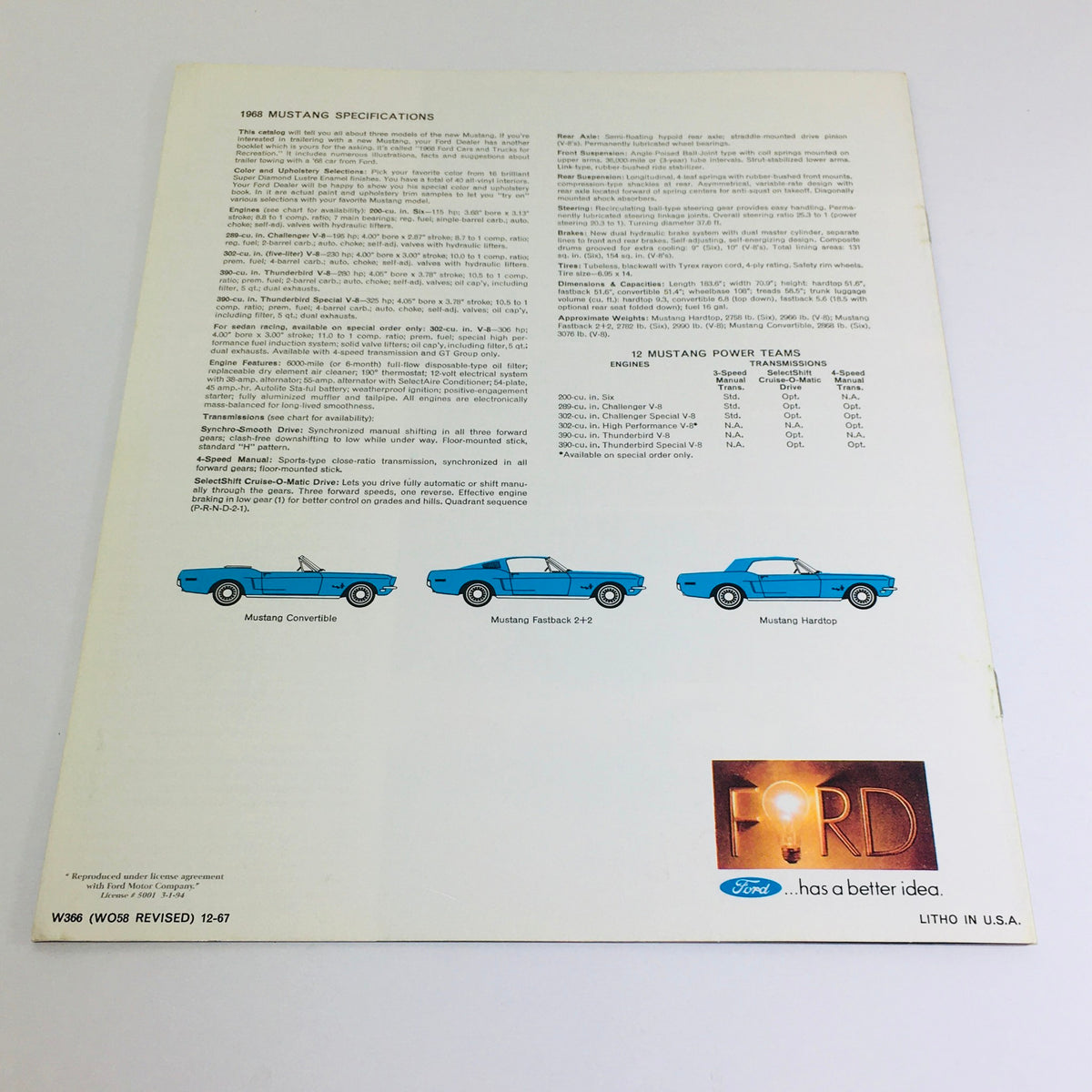 Back cover of the 1968 Ford Mustang ORIGINAL Sales Brochure featuring specifications for Mustang models, including the Mustang Convertible, Fastback 2+2, and Hardtop, along with technical details.