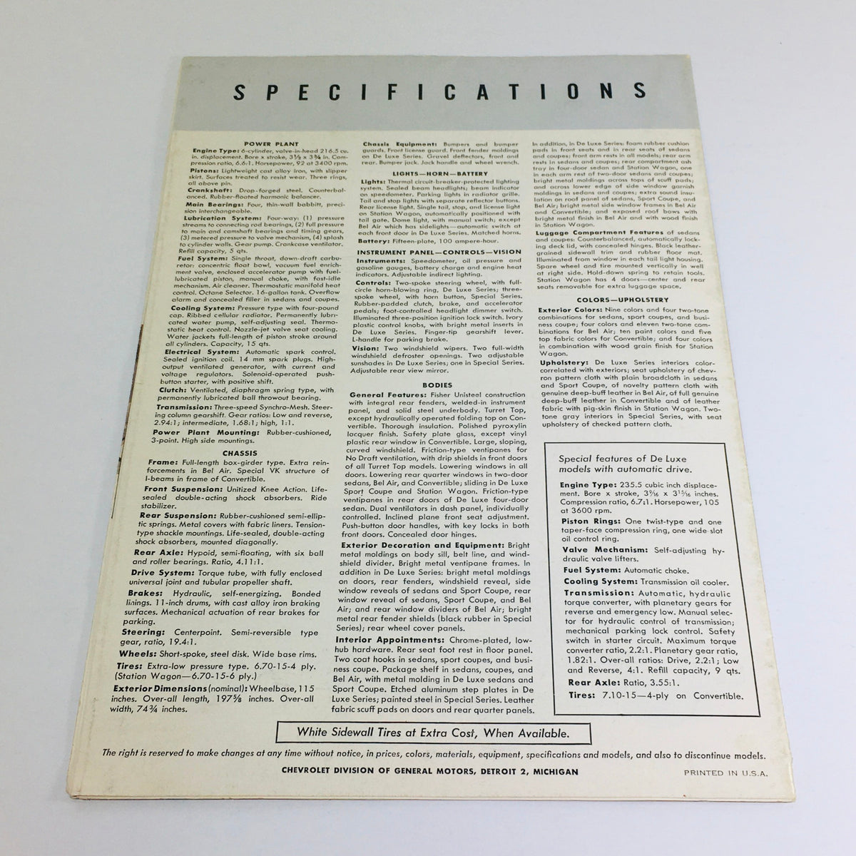Vtg 1952 Chevrolet Bel Air fleetline full line auto car sales catalog brochure featuring specifications of the vehicle, detailing engine type and body features.