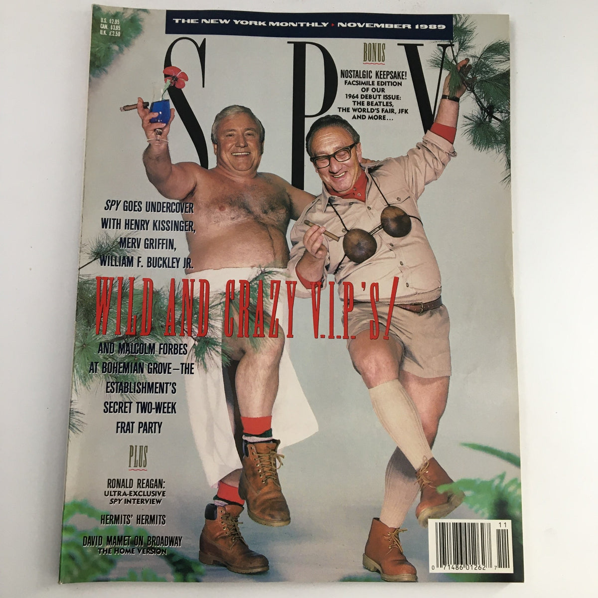 Cover of Spy Magazine November 1989 featuring humorous illustration of Henry Kissinger, Merv Griffin, and William Buckley Jr. in a playful and satirical pose, reflecting the cultural commentary of the era.