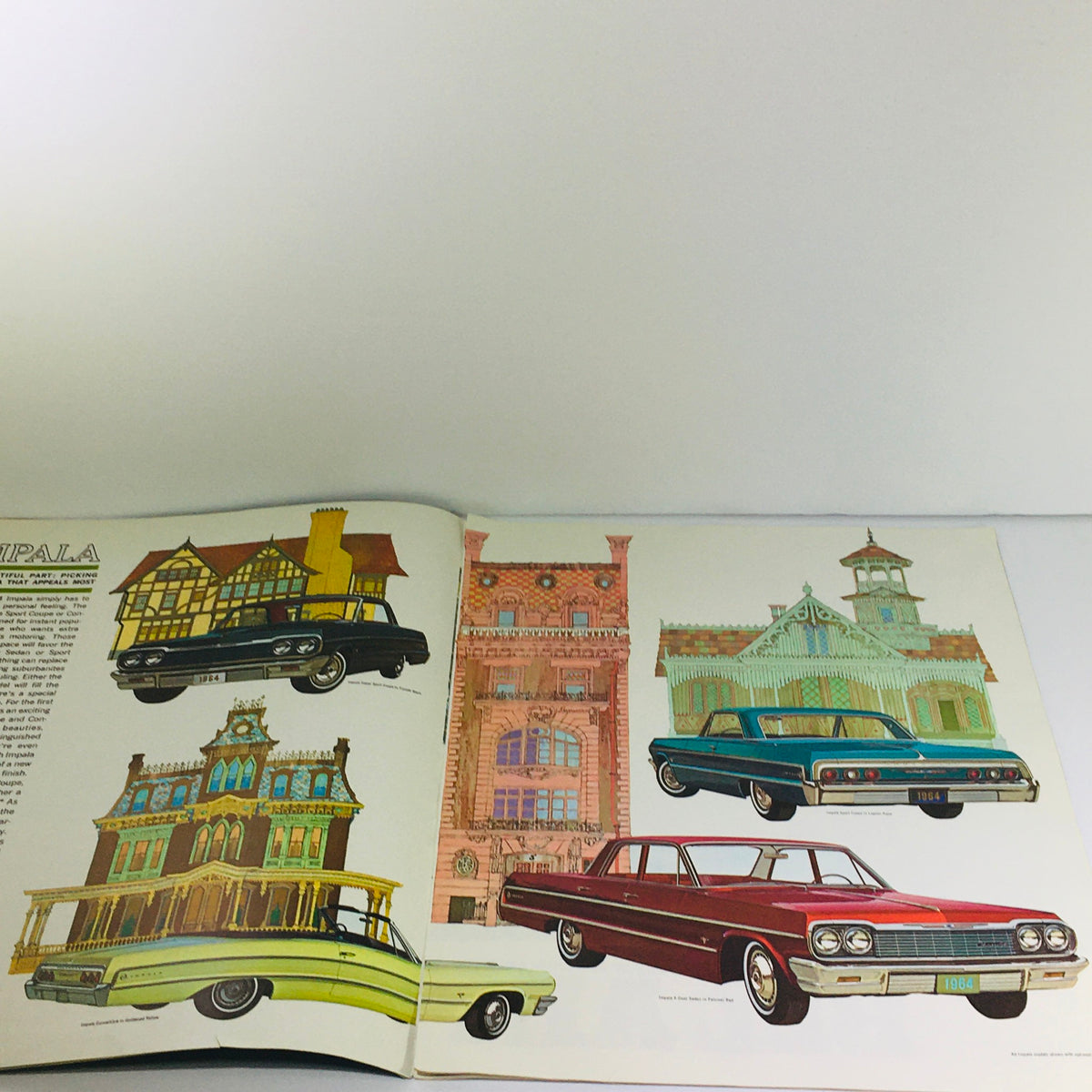 Interior page of the 1964 Chevrolet Impala brochure displaying colorful illustrations of various Impala models along with artistic depictions of houses, highlighting the iconic design.