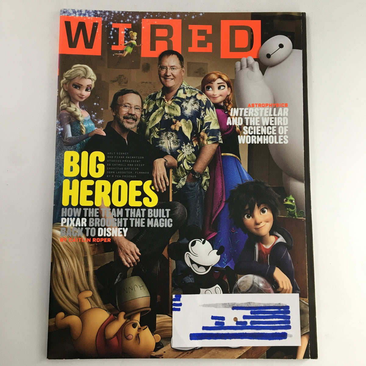 Wired Magazine November 2014 featuring Disney and Pixar's Ed Catmull, John Lasseter, and iconic characters like Elsa and Hiro. A vintage collectible issue focusing on the creative forces behind beloved animated films.