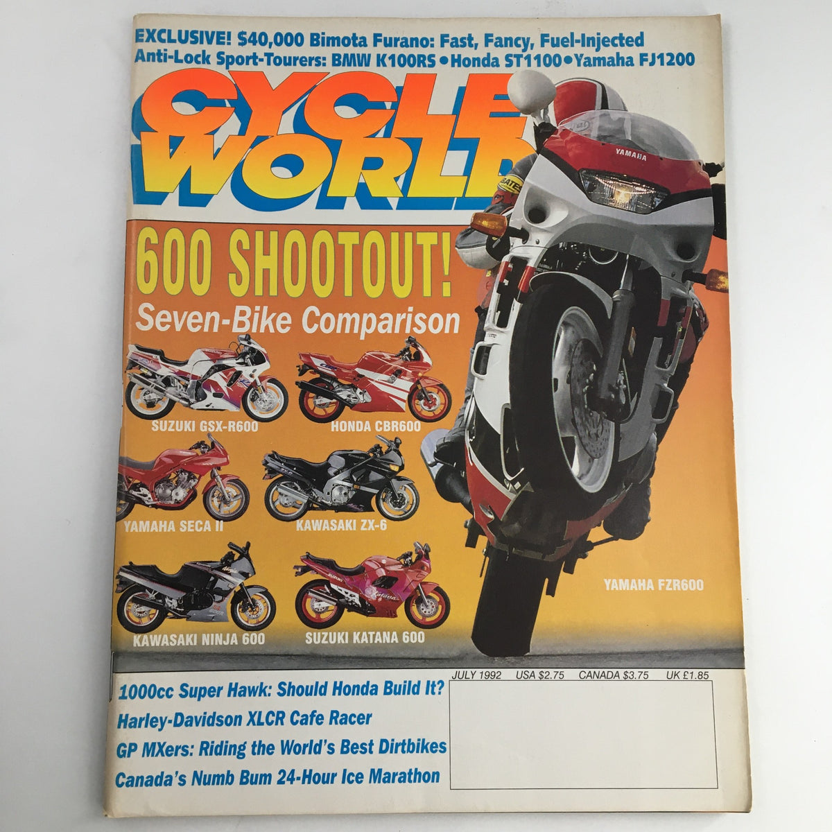 Cycle World Magazine July 1992 cover featuring a Yamaha FZR600, Suzuki GSX-R600, Honda CBR600, and seven-bike comparison with Exciting motorcycle shootout.