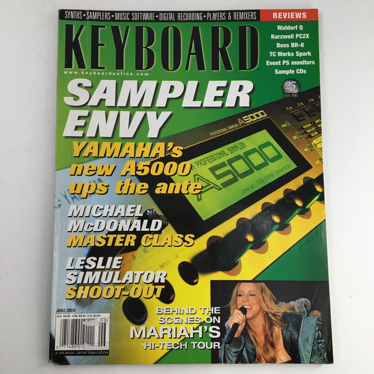 Keyboard Magazine June 2000 cover featuring Michael McDonald Master Class, Leslie Simulator Shoot-Out, and a focus on Mariah Carey's hi-tech tour.