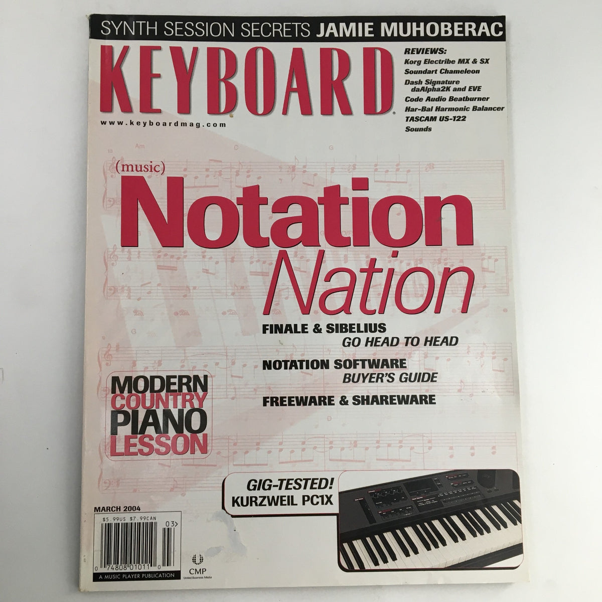 Cover of Keyboard Magazine March 2004 featuring Jamie Muhoberac, showcasing reviews, notation software, and a focus on the Kurzweil PC1X. This vintage magazine highlights the evolution of electronic keyboards.