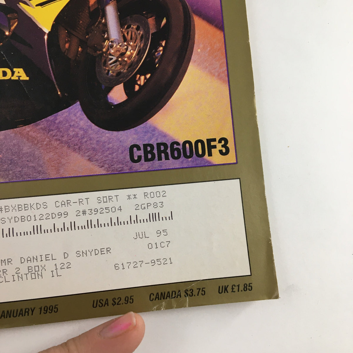 Close-up image of the Cycle World Magazine January 1995 showing the CBR600F3 title, address label, and magazine details, showcasing its vintage appeal.