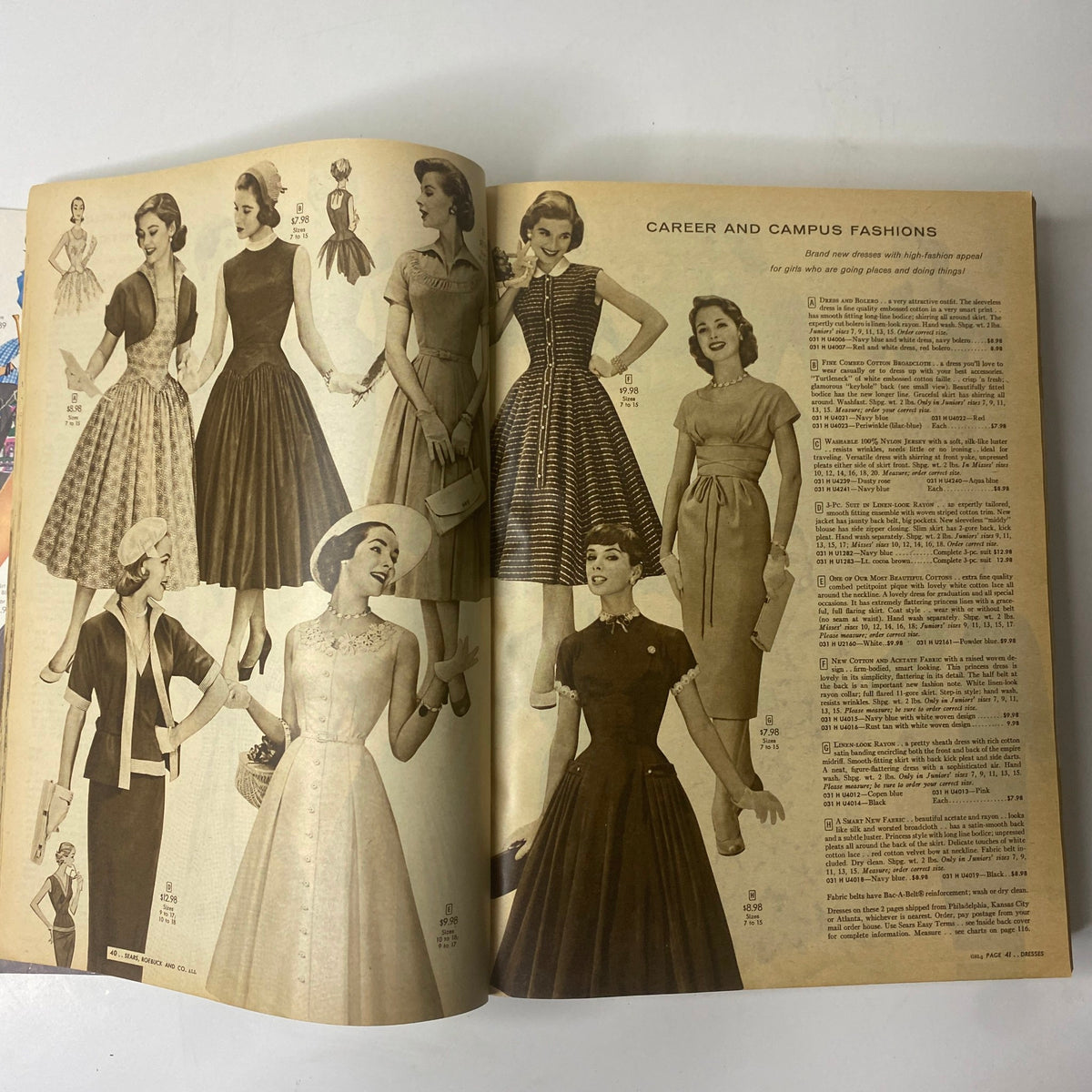 1956 Sears Roebuck and Co. Spring and Summer Catalog showcasing a variety of dresses tailored for young women, highlighting fashionable styles from the 1950s.