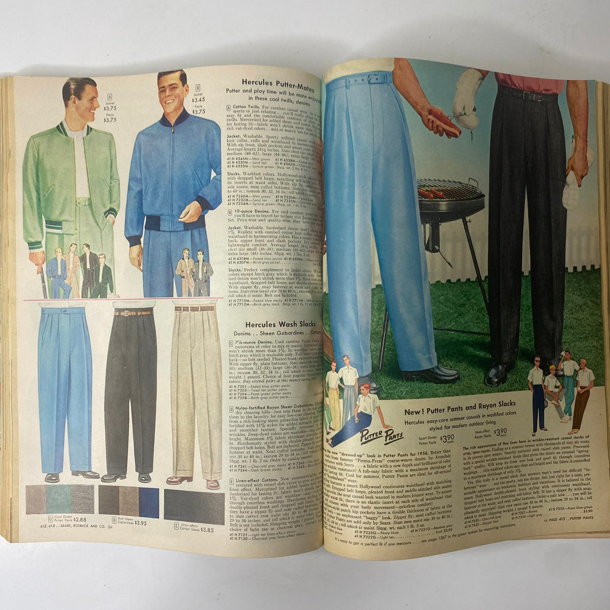 1956 Sears Roebuck and Co. Spring and Summer Catalog featuring men's Hercules Putter-Mate jackets and slacks, reflecting mid-century styles for casual and formal occasions.