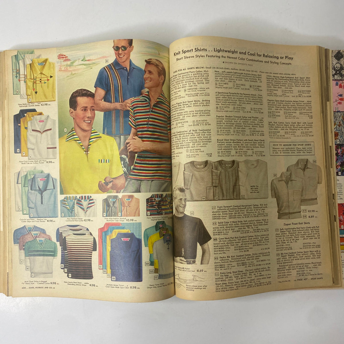1956 Sears Roebuck and Co. Spring and Summer Catalog presenting colorful knit sport shirts for men, emphasizing lightweight and stylish summer fashion.