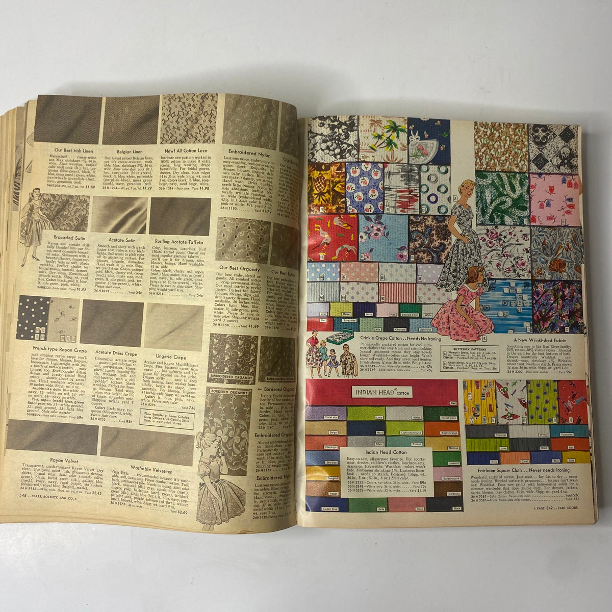 1956 Sears Roebuck and Co. Spring and Summer Catalog displaying various fabric options including crinkle crepe cotton and embroidered nylon, highlighting textile choices from the mid-20th century.