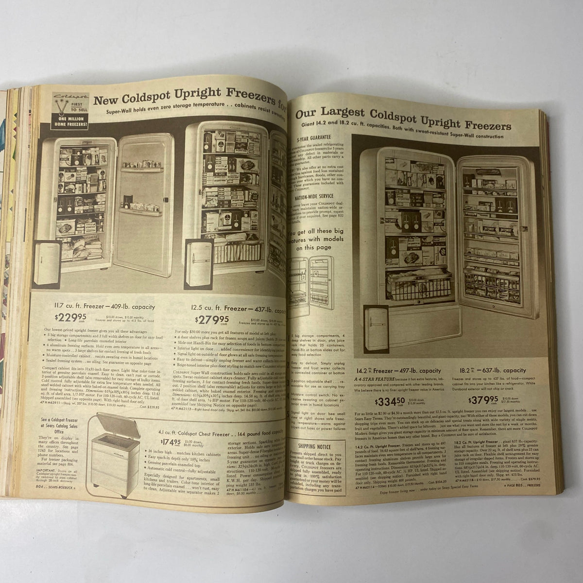 Vintage advertisement for Coldspot upright freezers from the 1956 Sears Roebuck and Co. Spring and Summer Catalog, showcasing various models and features for homemakers.