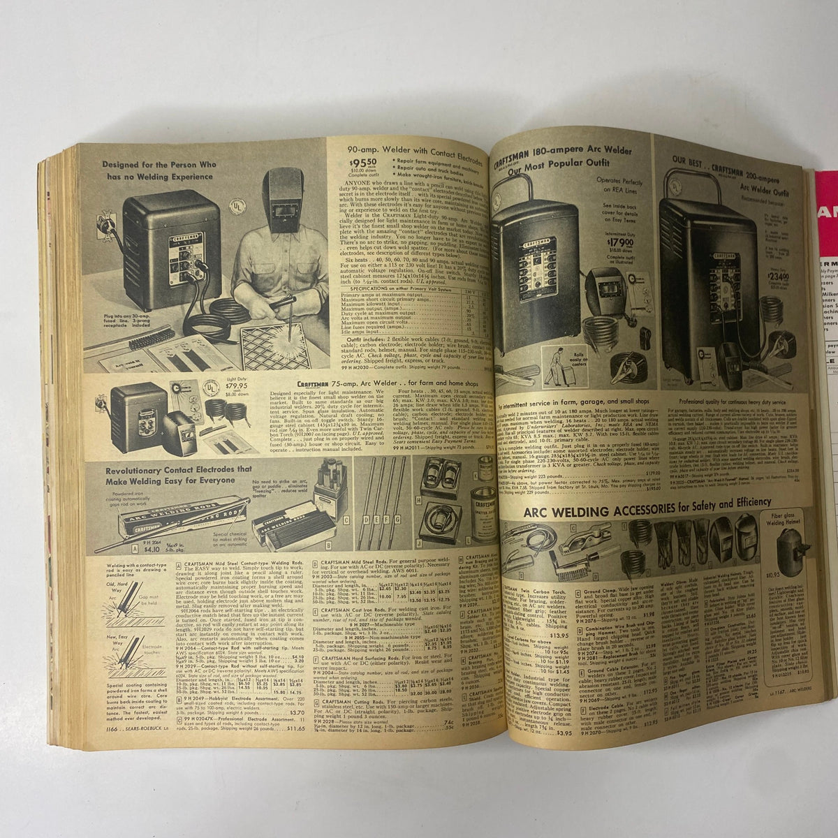 Illustration of welding equipment from the 1956 Sears Roebuck and Co. Spring and Summer Catalog, featuring arc welders and accessories designed for DIY enthusiasts.