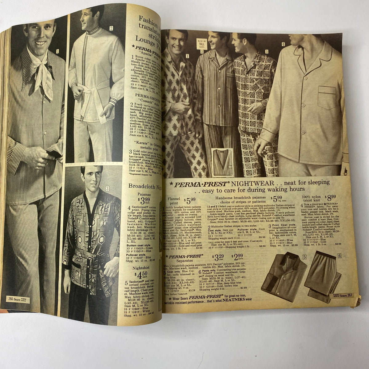 Men's nightwear advertisement featuring various pajamas in the 1969 Sears Fall and Winter Catalog, highlighting fashion and style for lounging.
