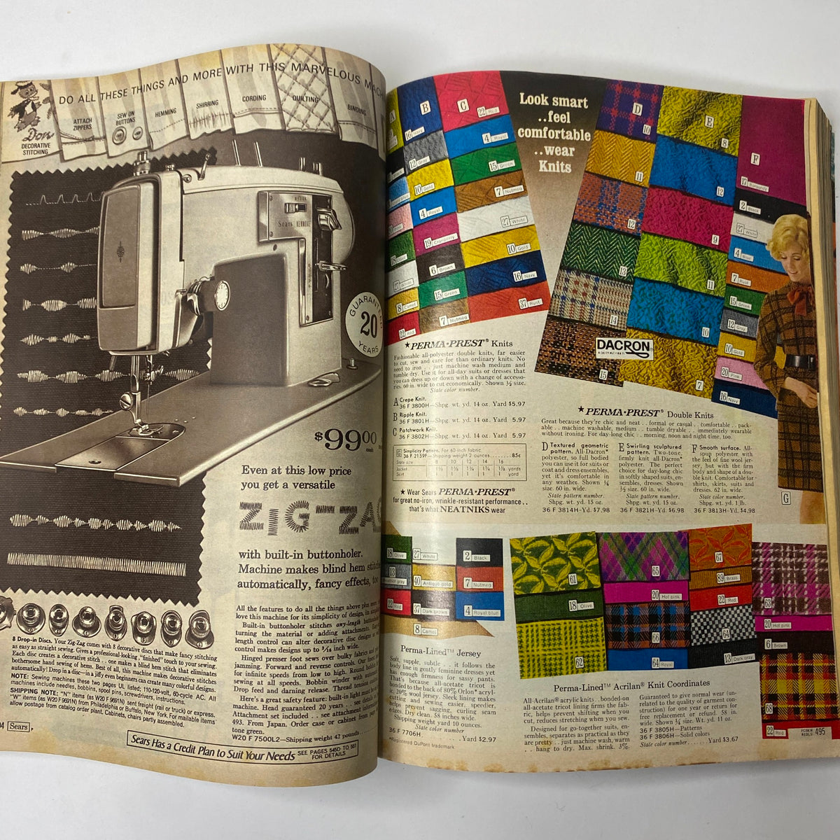 Sewing machine advertisement alongside colorful fabric options in the 1969 Sears Fall and Winter Catalog, promoting creativity and home crafting.