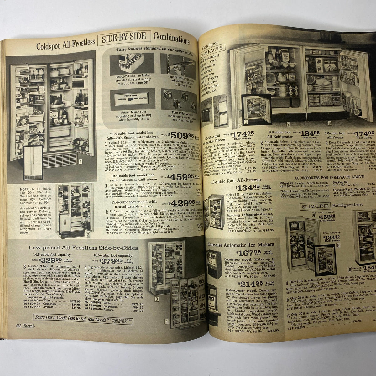 Interior pages from the 1969 Sears Fall and Winter Catalog showcasing Coldspot All-Frostless Side-by-Side refrigerators and compact fridge options, featuring pricing details and product descriptions.