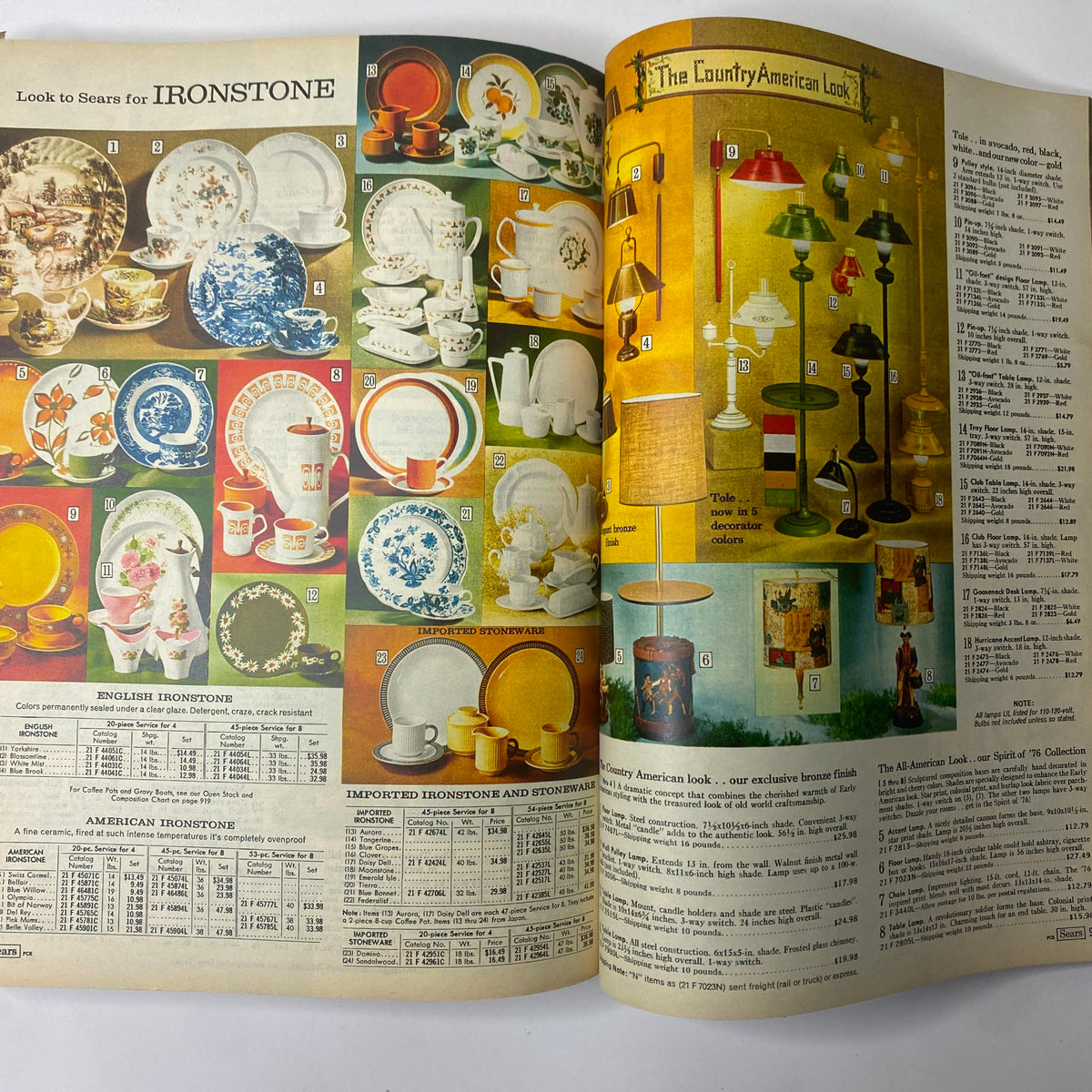 Interior pages from the 1969 Sears Fall and Winter Catalog showcasing a collection of ironstone dishes and lamps, including prices and product descriptions.