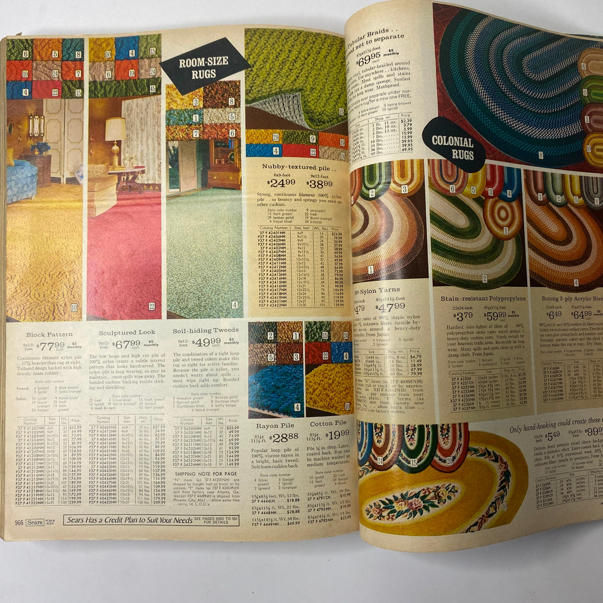 Interior pages from the 1969 Sears Fall and Winter Catalog featuring a selection of room-size and colonial rugs, including various styles and prices.