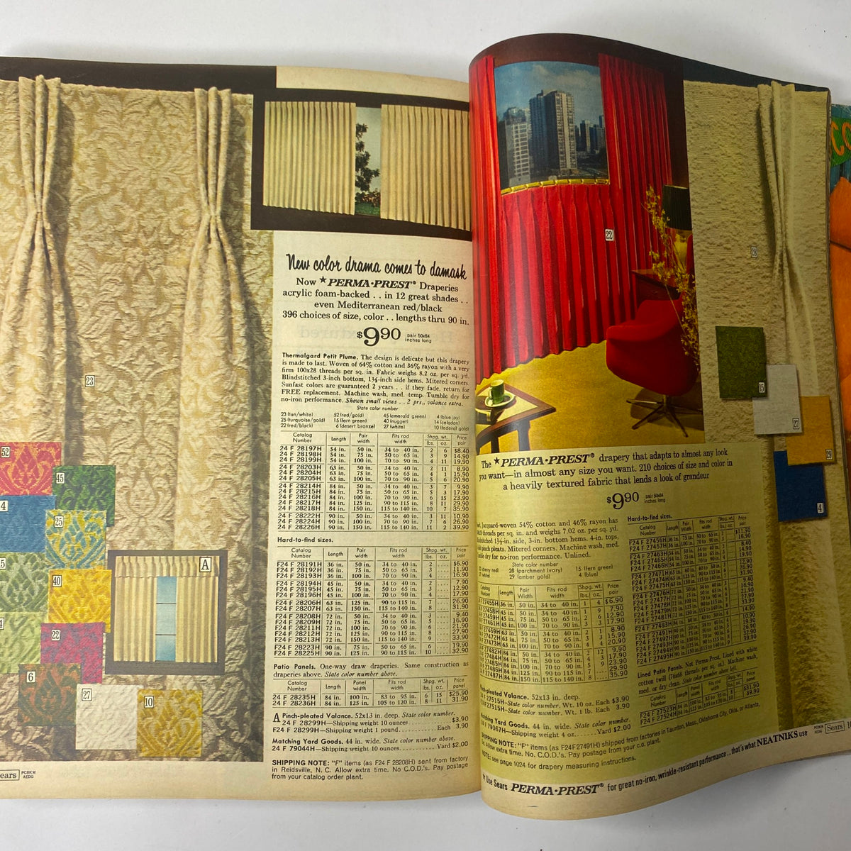 Page from the 1969 Sears Fall and Winter Catalog displaying stylish drapery options with fabric samples and prices for the PERMA-PREST drapes.