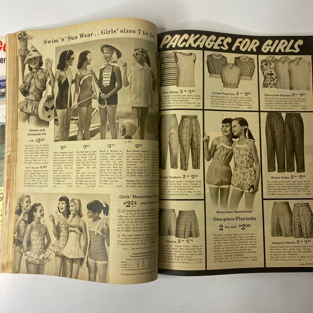 Inside spread from the 1959 Sears Summer Sale Book Catalog displaying swimwear and sunwear for girls.