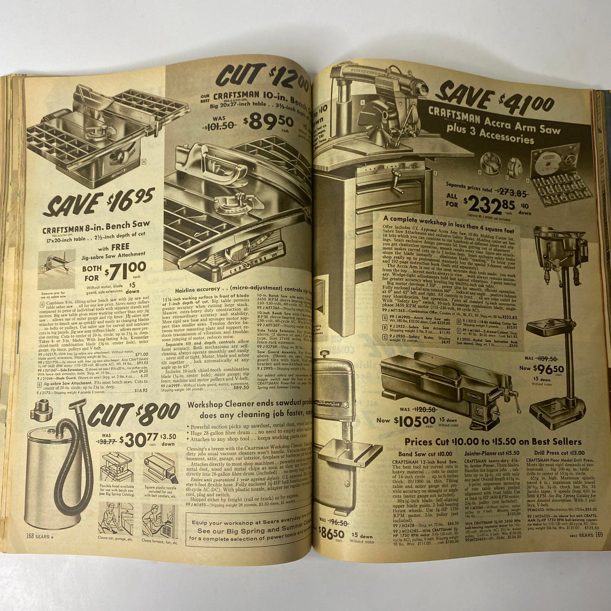 1959 Sears Summer Sale Book Catalog featuring Craftsman tools including a bench saw and arm saw with sale prices highlighted.