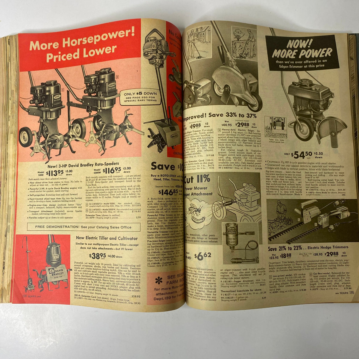 1959 Sears Summer Sale Book Catalog page displaying gardening equipment like roto-spaders and lawn mowers with discount details.