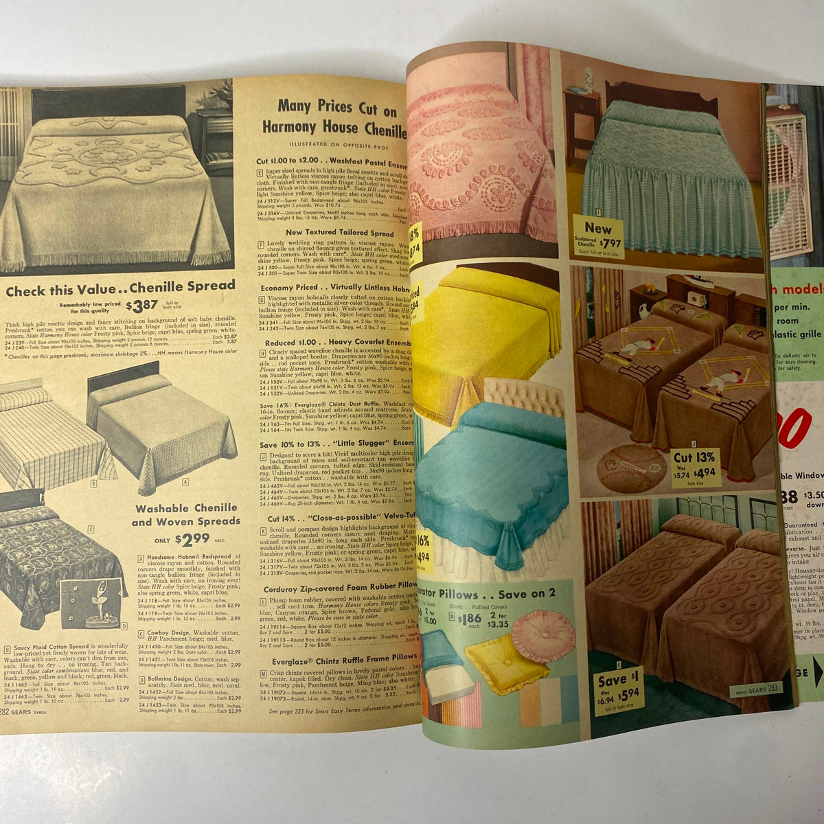 1959 Sears Summer Sale Book Catalog showcasing bed linens and spreads including chenille products with pricing and descriptions.