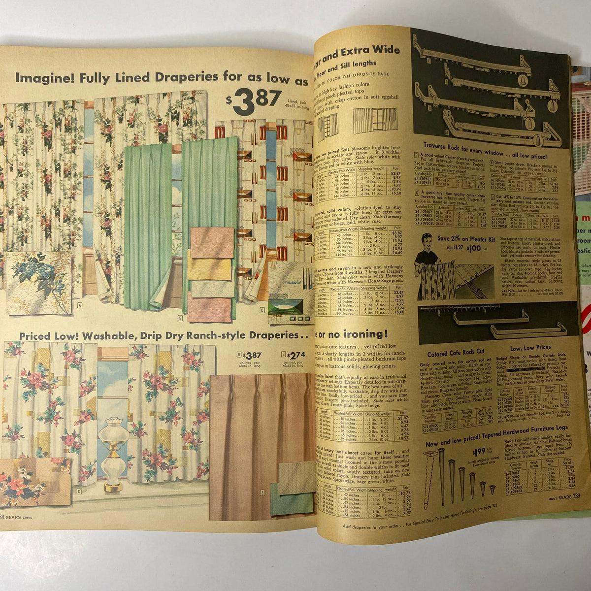 1959 Sears Summer Sale Book Catalog page showcasing fully lined draperies with prices starting at $3.87, featuring colorful designs and summer home essentials.